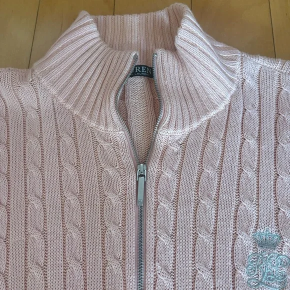 Lauren Ralph Lauren Pink Cable Knit Full Zip Sweater Silver Crest Logo Sz M - Picture 3 of 11